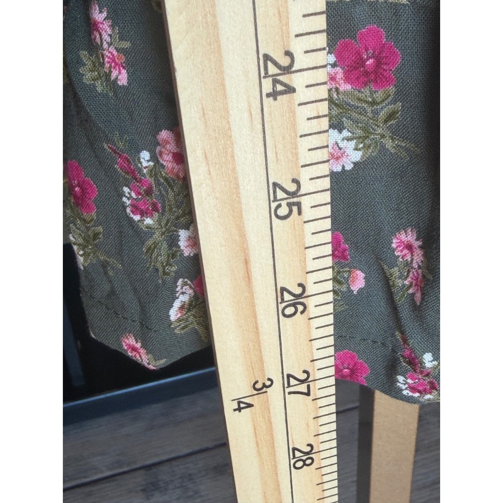 Angie Floral Wide Leg Pants Small Olive Green Pink Tiered Ruffle Boho Rayon - Picture 7 of 7